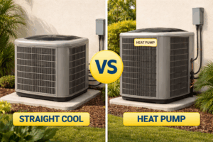 Straight cool AC unit vs heat pump outdoor unit with VS icon, shown in a tropical Florida yard.