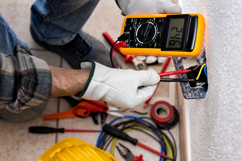 View from above. Electrician worker at work with the tester measures the voltage in an electrical system. Working safely with protective gloves.